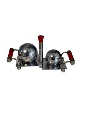Vintage Japan Chrome Salt Pepper Shaker Set Tray Red Handles Mid Century Atomic